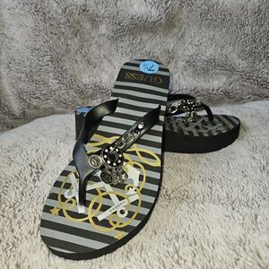 GUESS Platform Wedge Flip Flops Black Silver Nautical Charm Sandals 7.5 NWOT